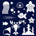 Light silhouettes of different sea animals, fish and marine objects on a white background. Royalty Free Stock Photo